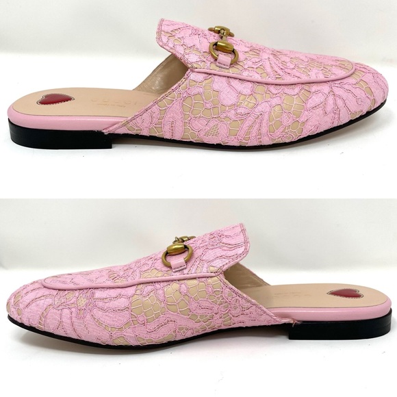Gucci Princetown Lace Leather Horsebit Mules Size 37 Size 7 Sugar Pink - Picture 9 of 16